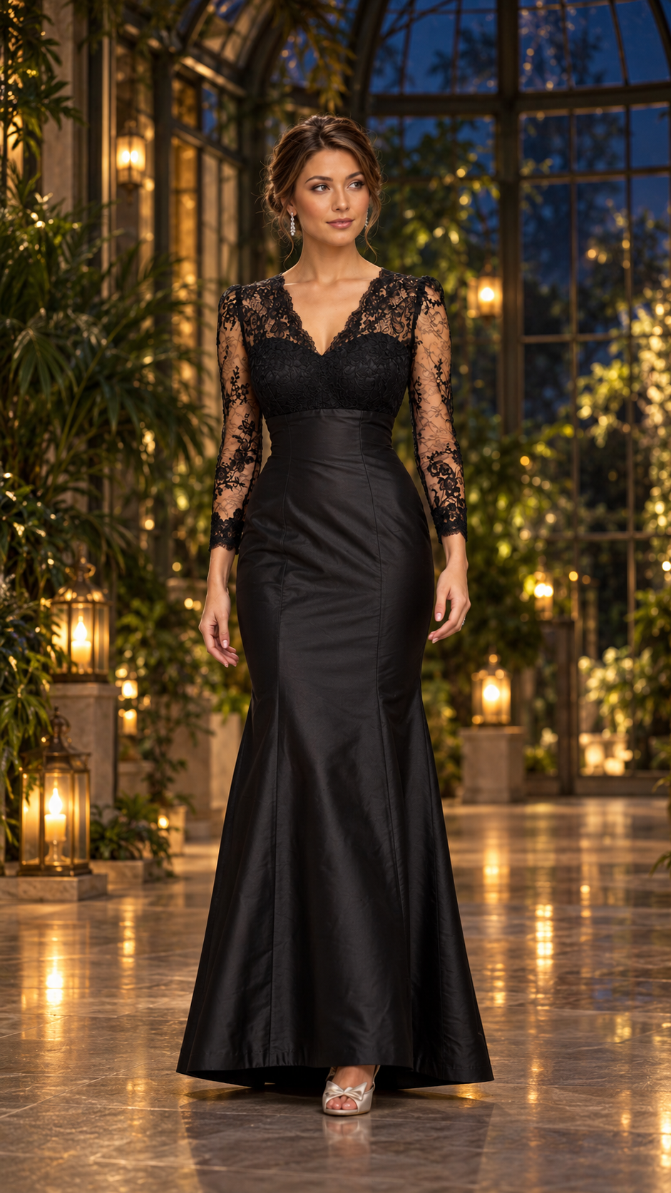 AI fashion concept: a woman in a black lace gown in a candlelit glasshouse